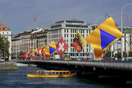 Photo montage du Pont du Mont-Blanc avec des drapeaux de la Protection Civile