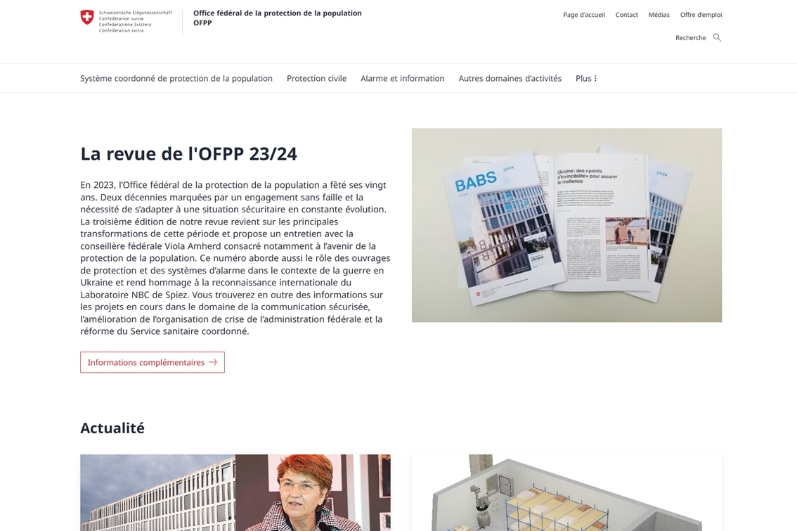 Capture d'écran de la nouvelle page d'accueil du site de l'OFPP