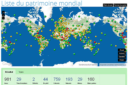 Capture d'écran depuis le site de l'Unesco et sa carte interactive pour les sites PBC